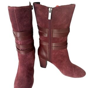 H by Halston Quinn Burgundy Mid-Calf Ankle Boot Suede Leather Vintage Boho SZ 8